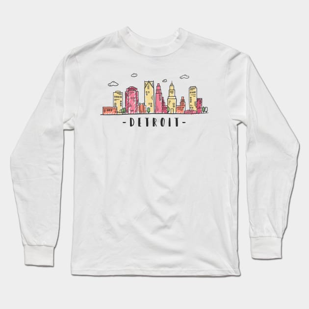 Detroit USA Watercolor Skyline Long Sleeve T-Shirt by LR_Collections